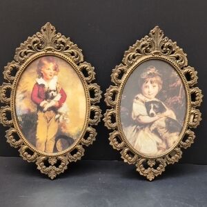 VGT,Set of 2 Oval Metal Ornate Frames with Victorian Art.